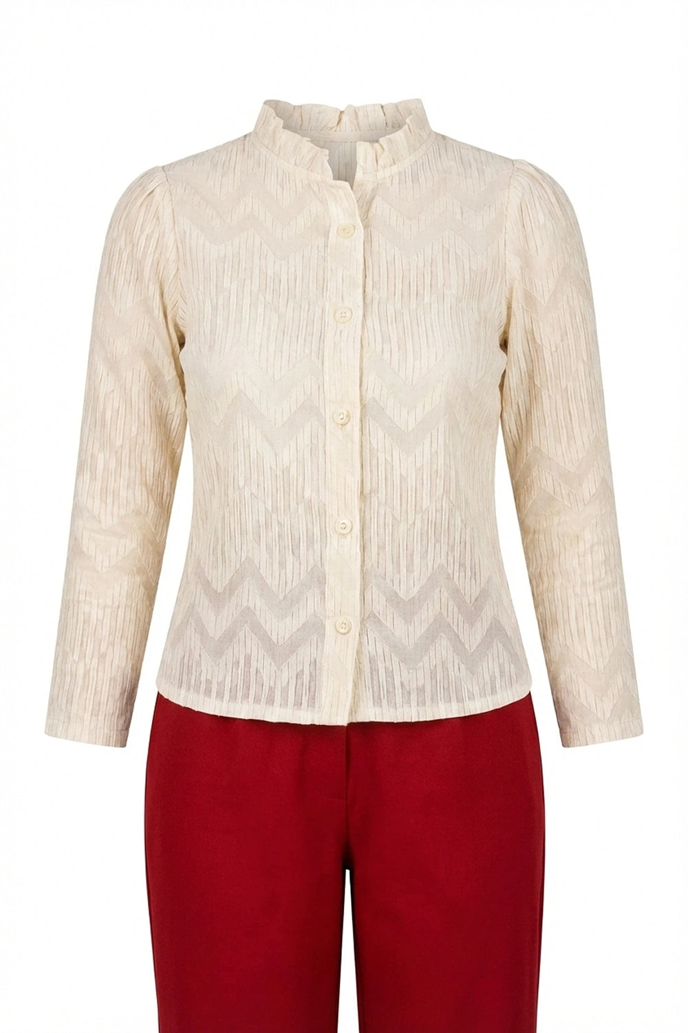 Elegant Chevron Textured Blouse & Tailored Maroon Trousers