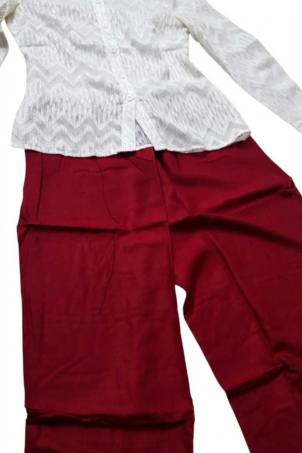 Elegant Chevron Textured Blouse & Tailored Maroon Trousers