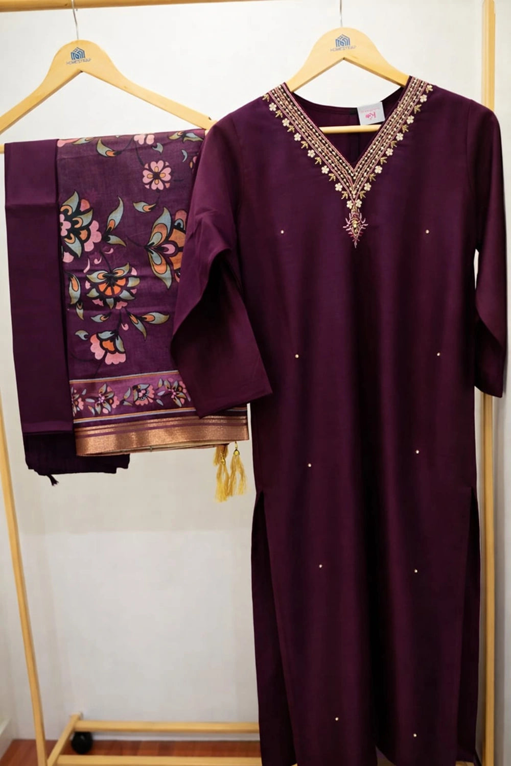 Royal Purple Embroidered 3-Piece Kurtha Set