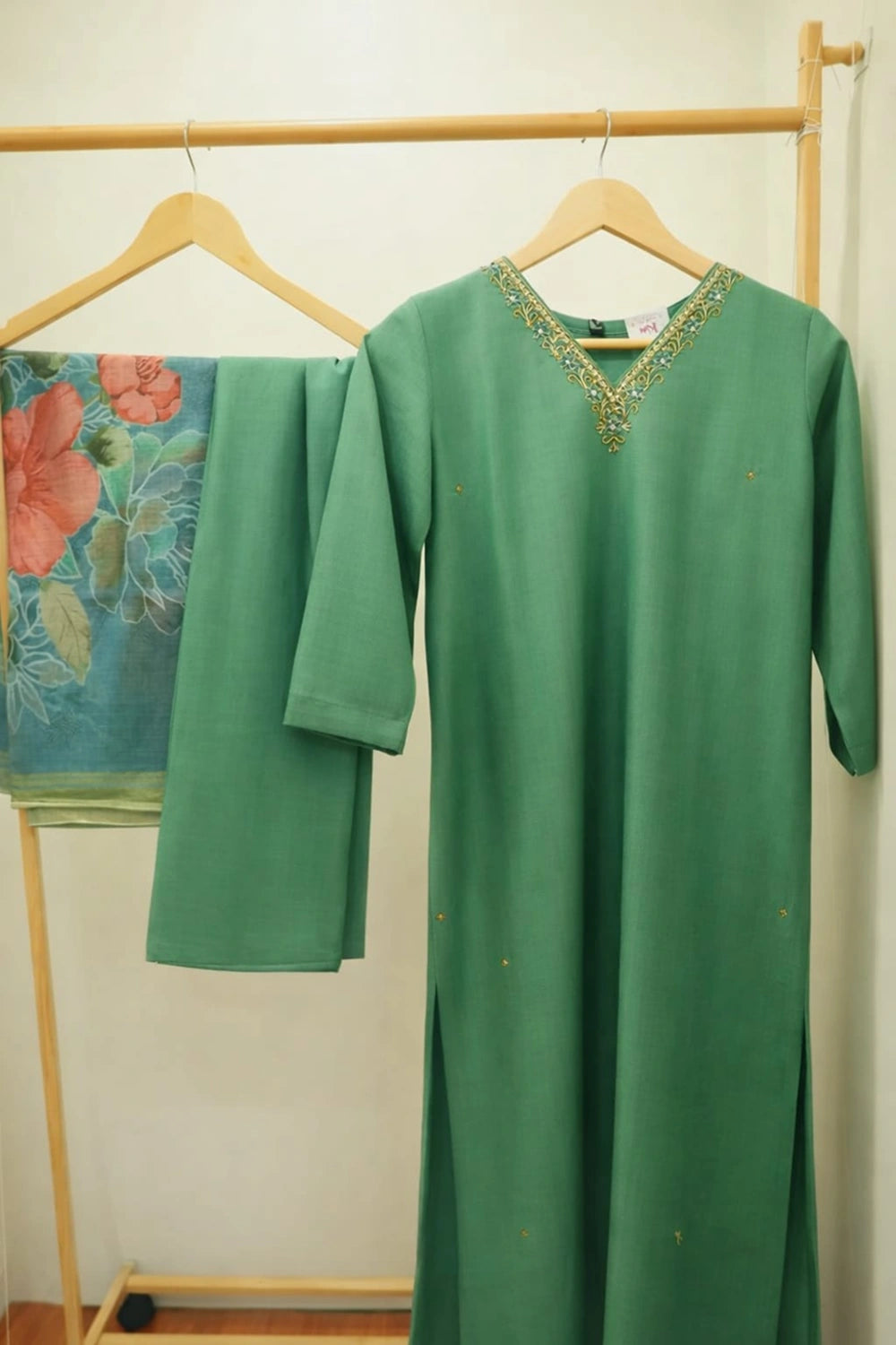 Forest Green Embroidered 3-Piece Kurtha Set