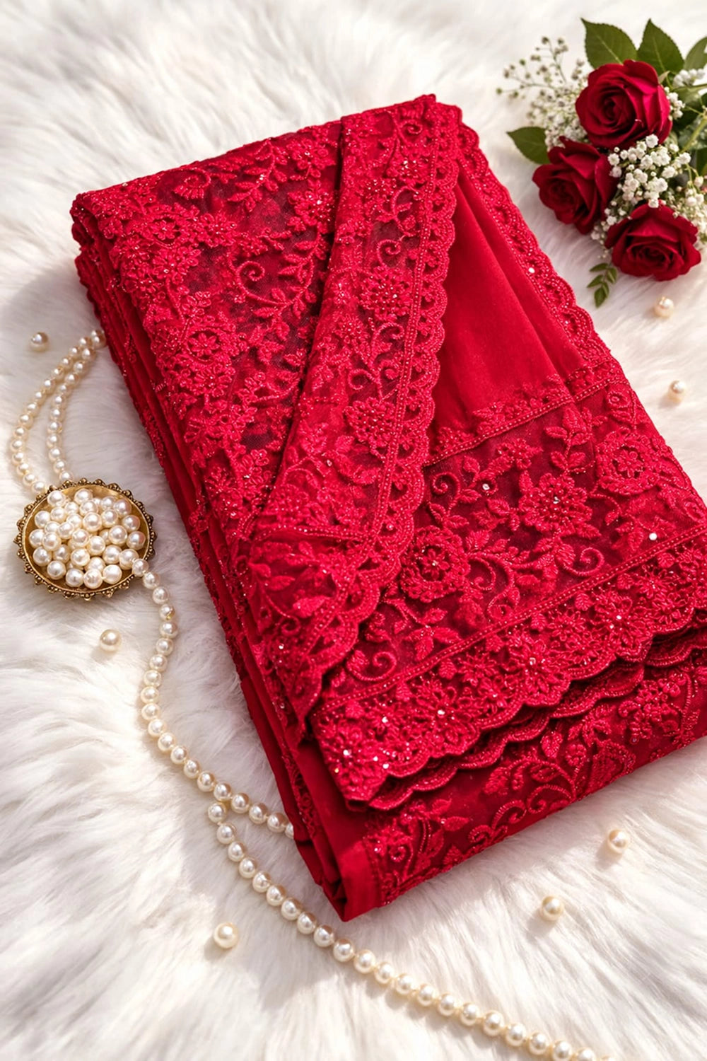 Glamorous Crimson Red Net Party Wear Saree
