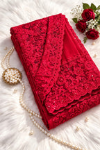 Red party-wear net saree