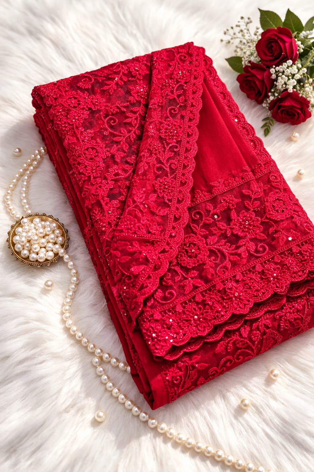Red party-wear net saree