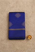 Royal blue soft silk saree decorated with traditional South Indian kolam motifs