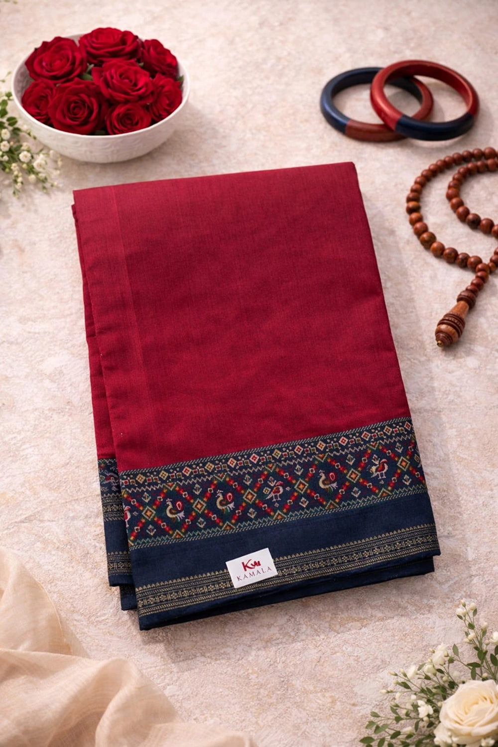 Deep Maroon Cotton Saree with Traditional Border Art
