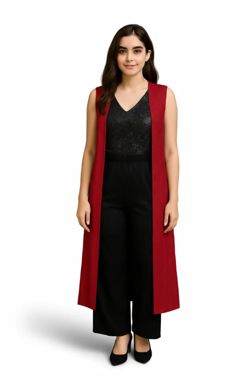 Elegant Red Long Vest Ensemble with Sparkly Black Set