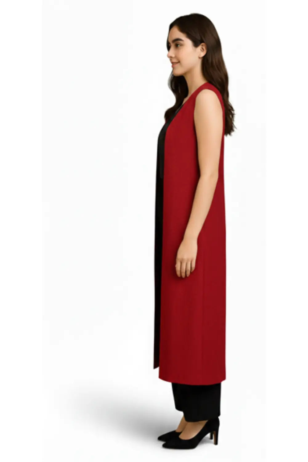 Elegant Red Long Vest Ensemble with Sparkly Black Set