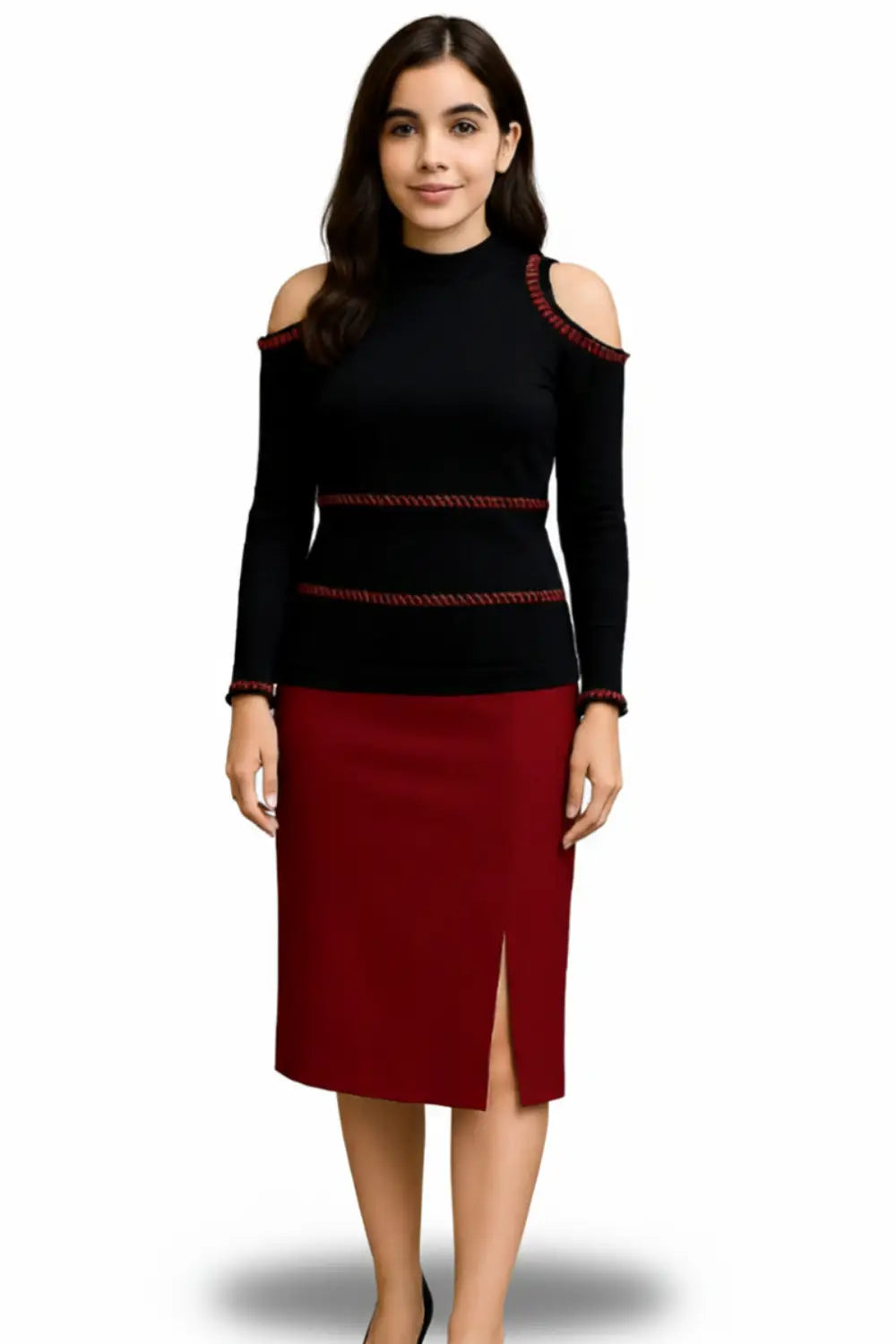 Cold-Shoulder Knit Top & Side-Slit Midi Skirt Set