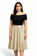 Off-shoulder & Pleated Stripe Midi Dress