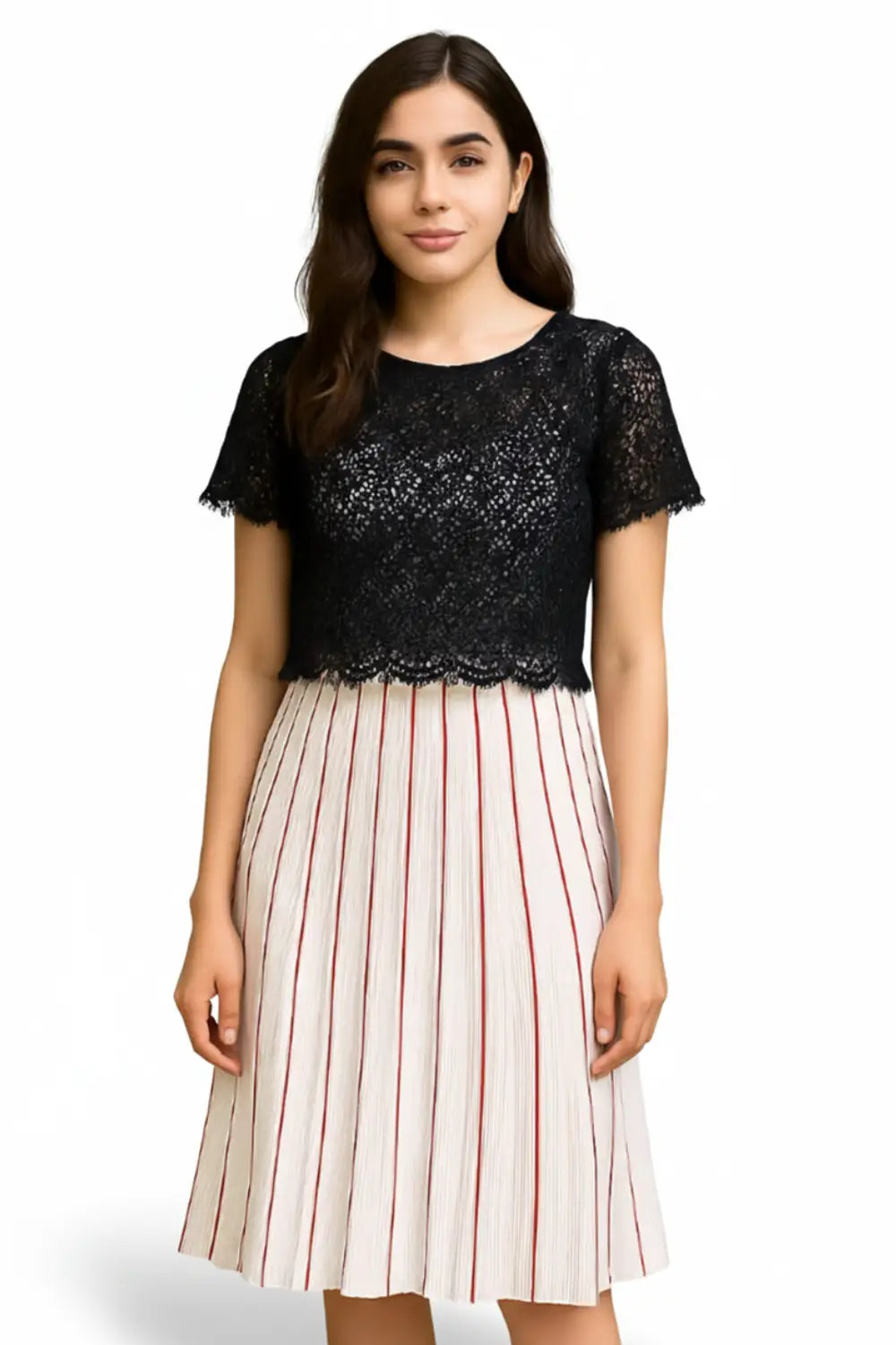 Floral Lace Overlay & Pinstripe Pleated Midi Dress