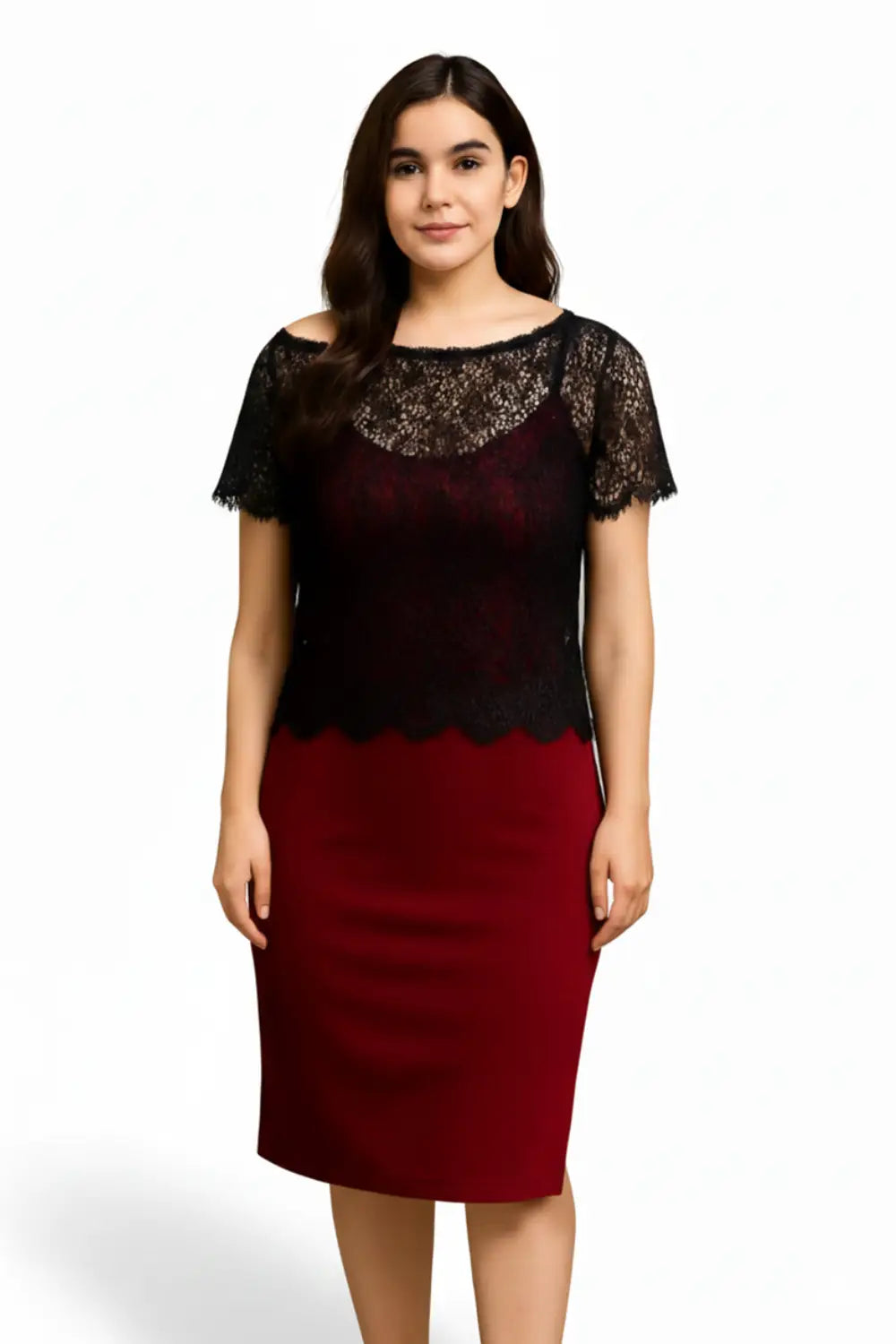 Crimson Crochet Longline Cardigan & A sleek, figure-hugging silhouette