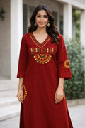 Embroidered Maroon 2-Piece Kurtha Set