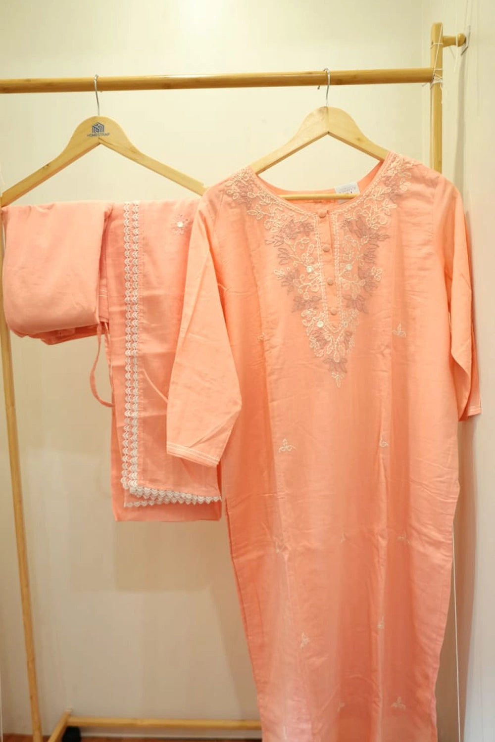 Embroidered Peach 3-Piece Kurtha Set